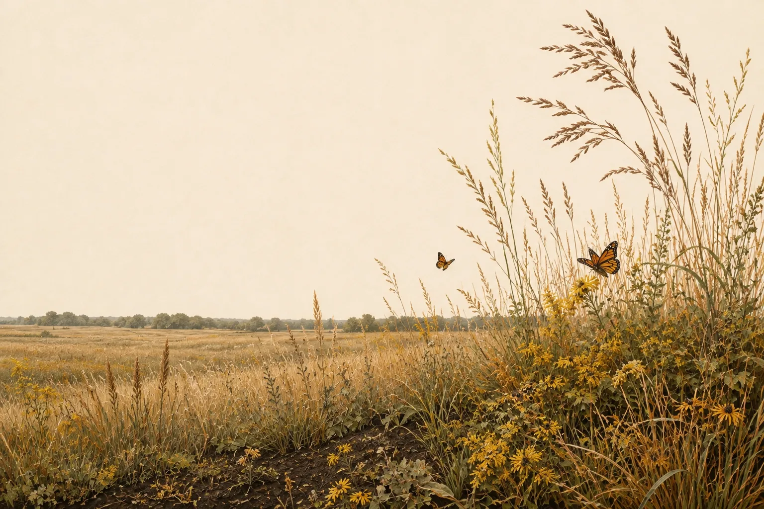 Illustrated Blackland Prairies with dark soil, tall native grasses, wildflowers and monarch butterflies.