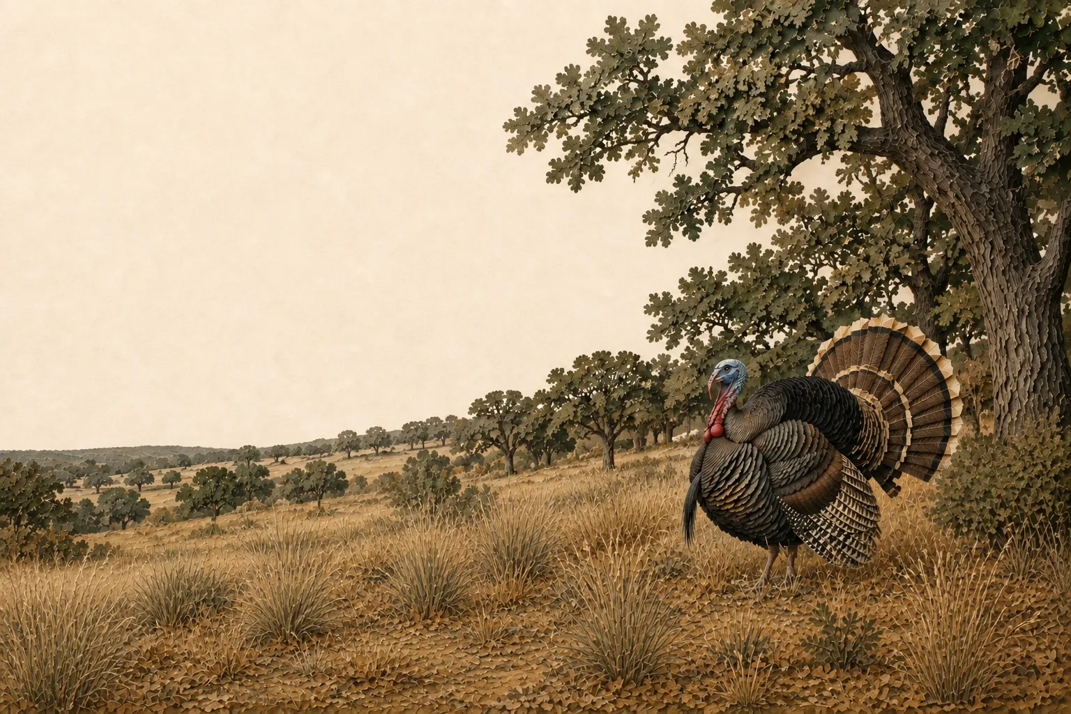 Illustrated Cross Timbers post oak woodland and native prairie with a wild turkey.