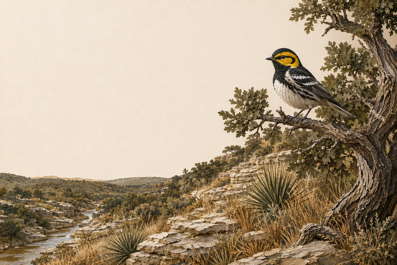 Illustrated Edwards Plateau limestone creek, Ashe juniper and Golden-cheeked warbler.