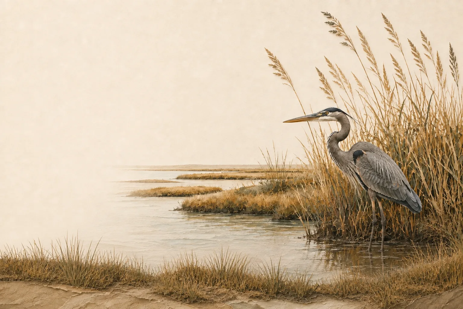 Illustrated Gulf Prairies and Marshes with a flat coastal horizon, tidal channels, marsh grass and a heron.