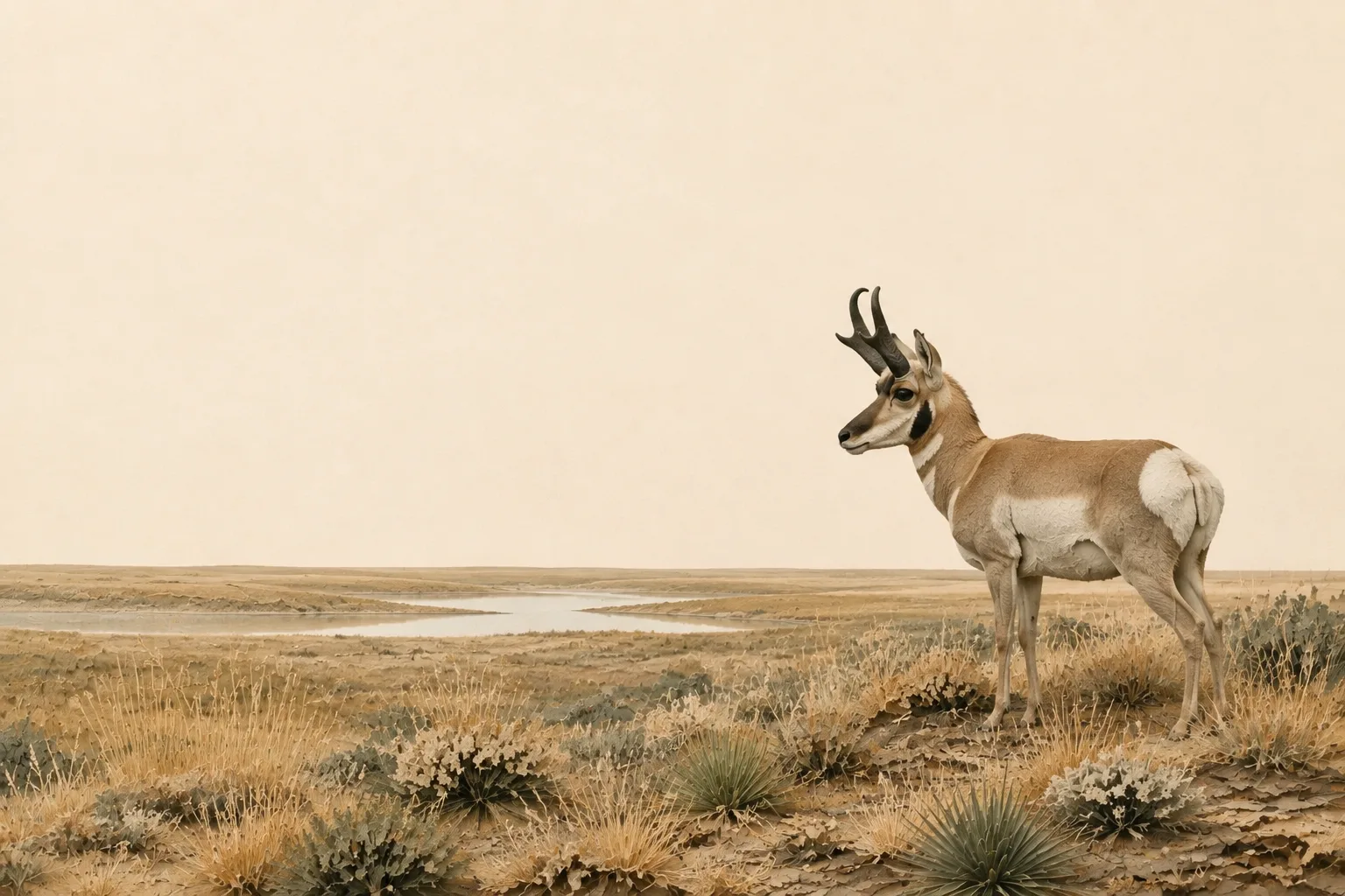 Illustrated High Plains flat shortgrass prairie and seasonal playa with a pronghorn.