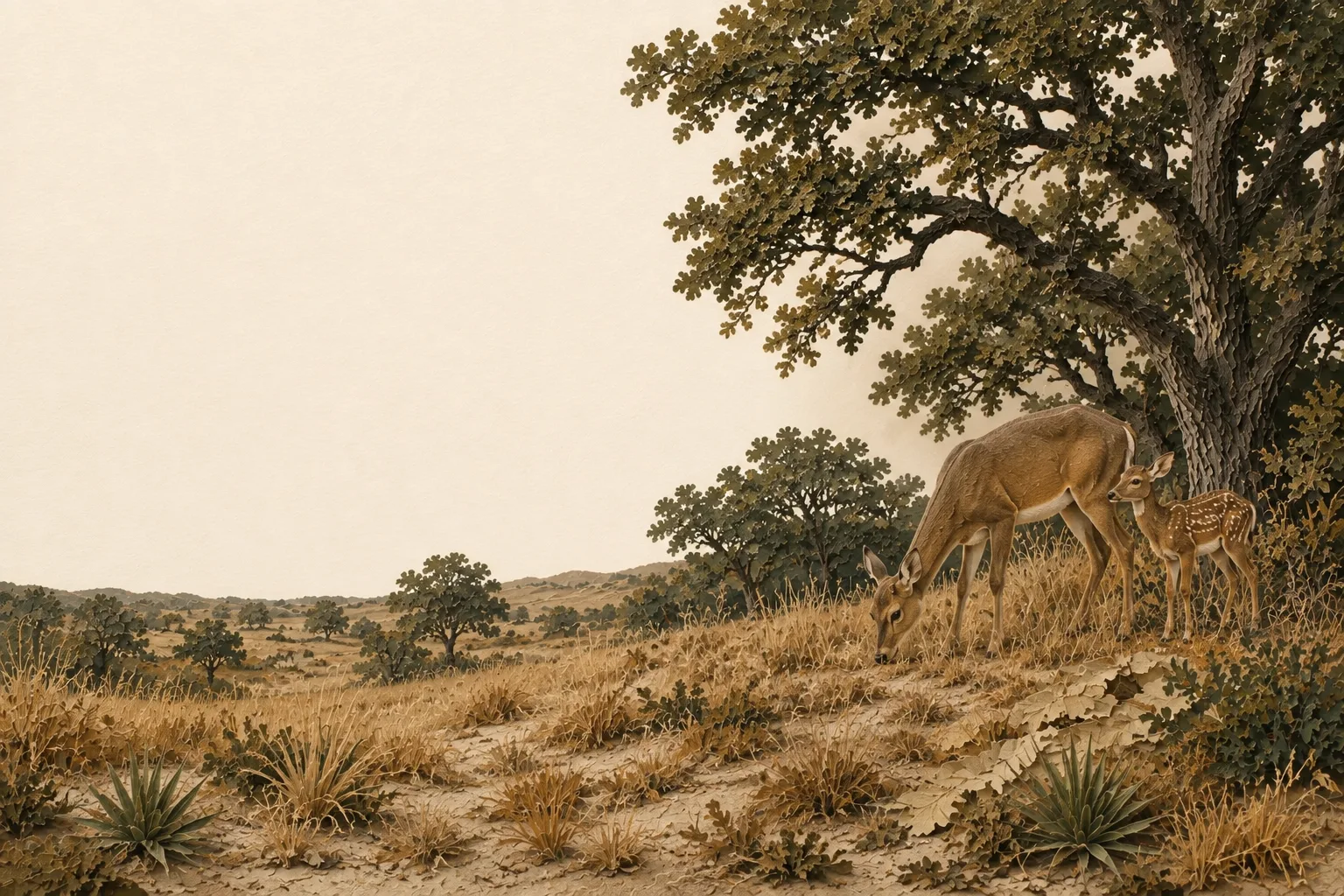 Illustrated Post Oak Savannah with open grassland, scattered oaks and a doe with her fawn.