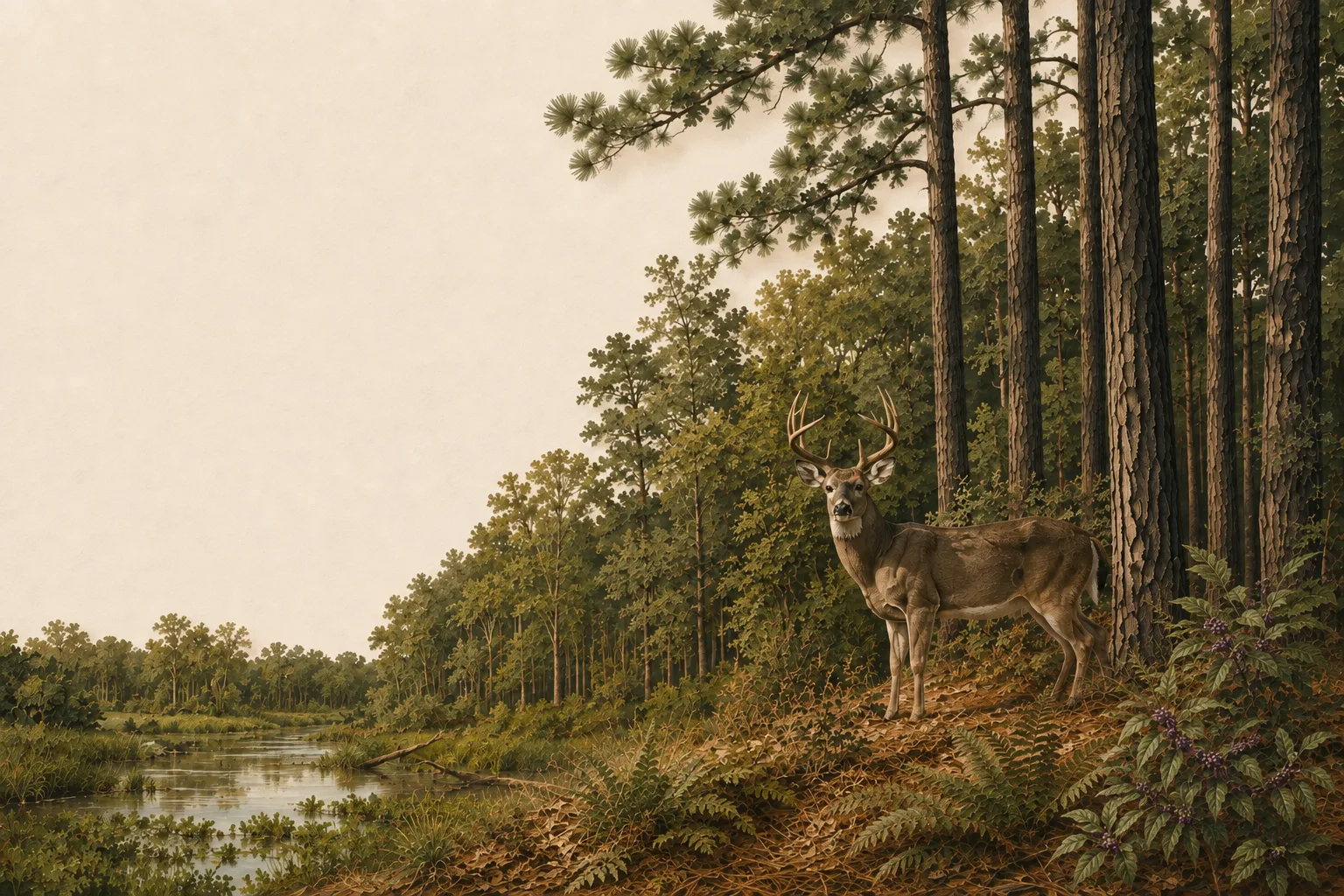 Illustrated East Texas Pineywoods with tall pines, a shaded slough and white-tailed deer.