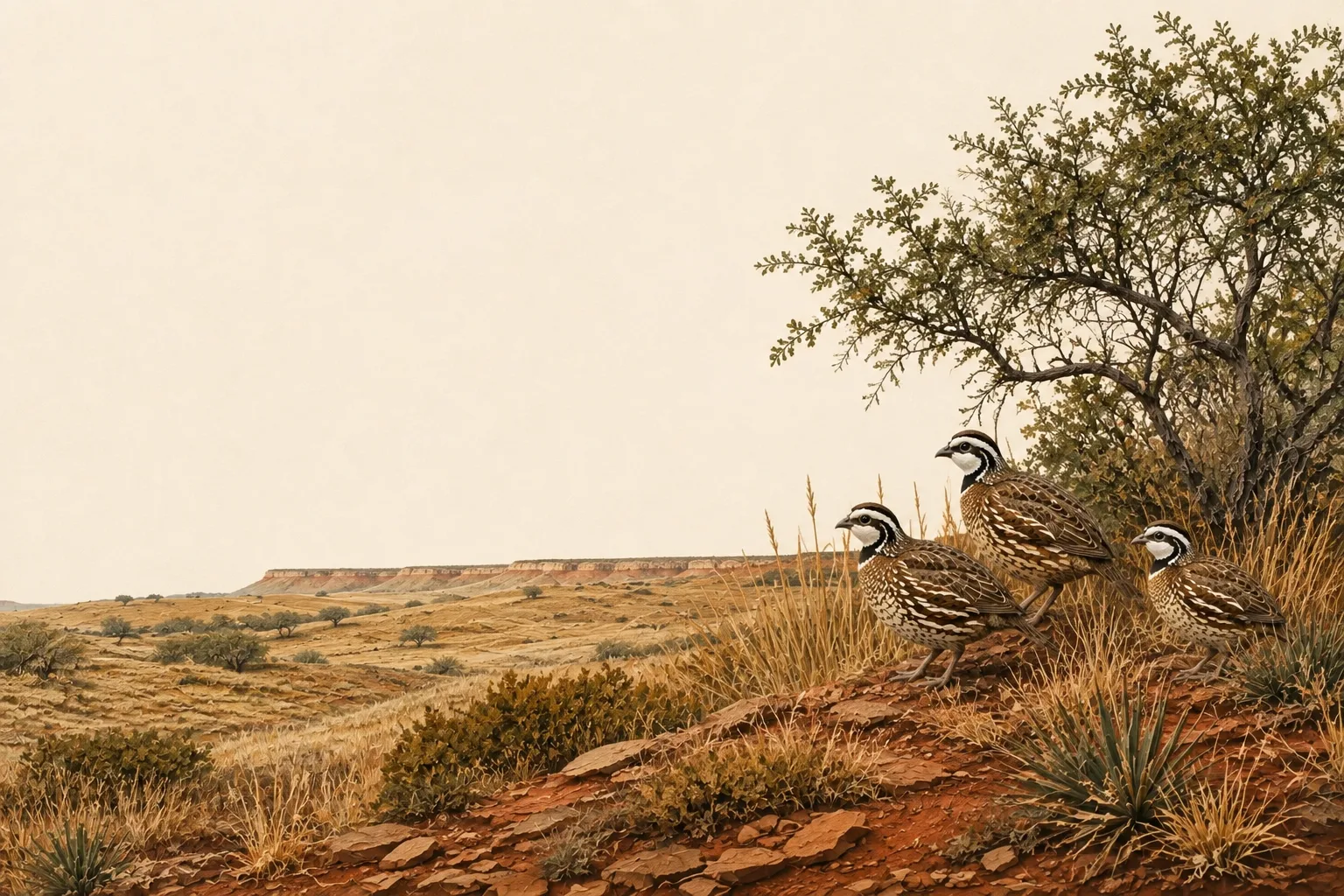 Illustrated Rolling Plains red-earth rangeland, mesquite, distant Caprock and bobwhite quail.