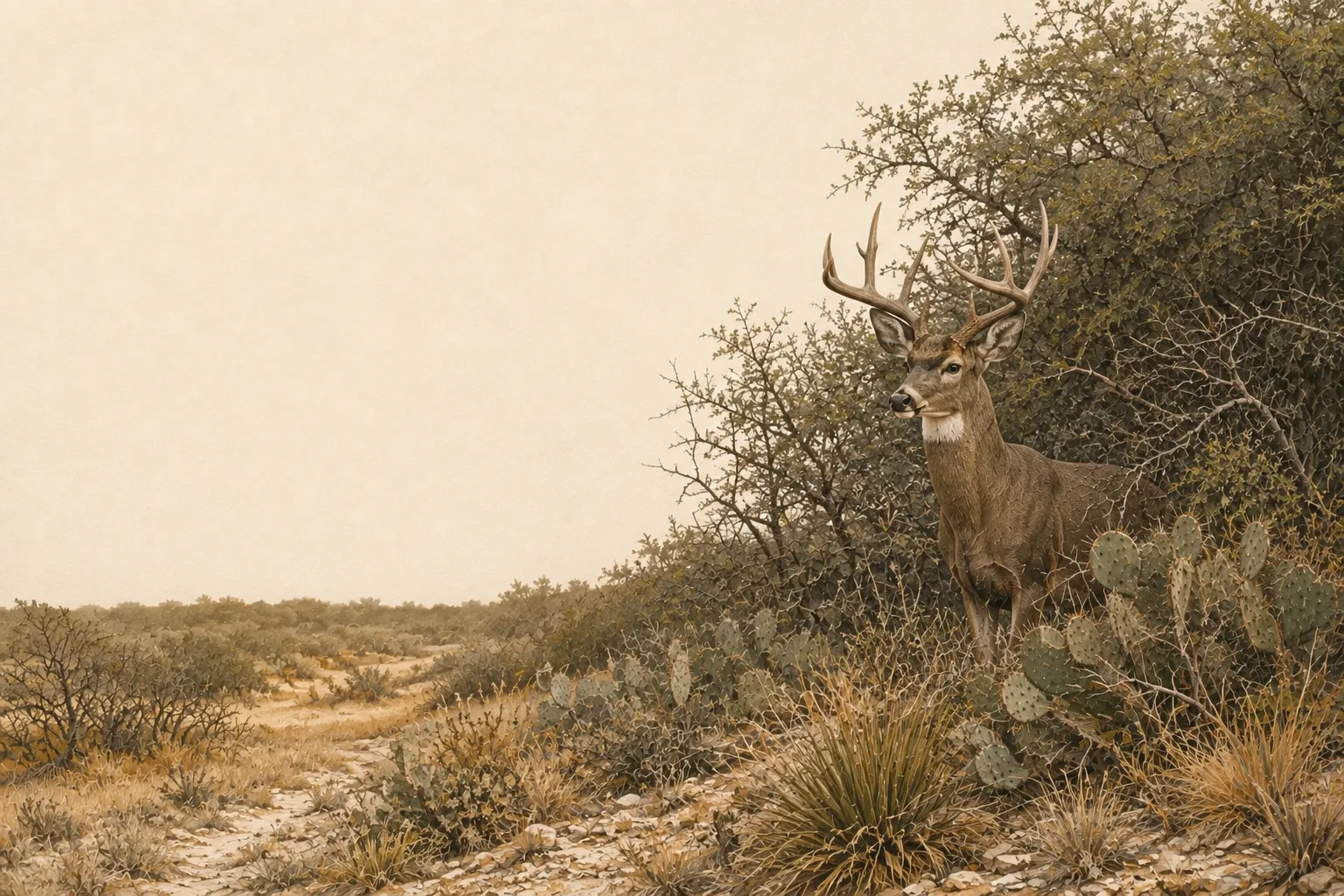 Illustrated South Texas Plains with thornscrub, mesquite, prickly pear and a white-tailed buck.