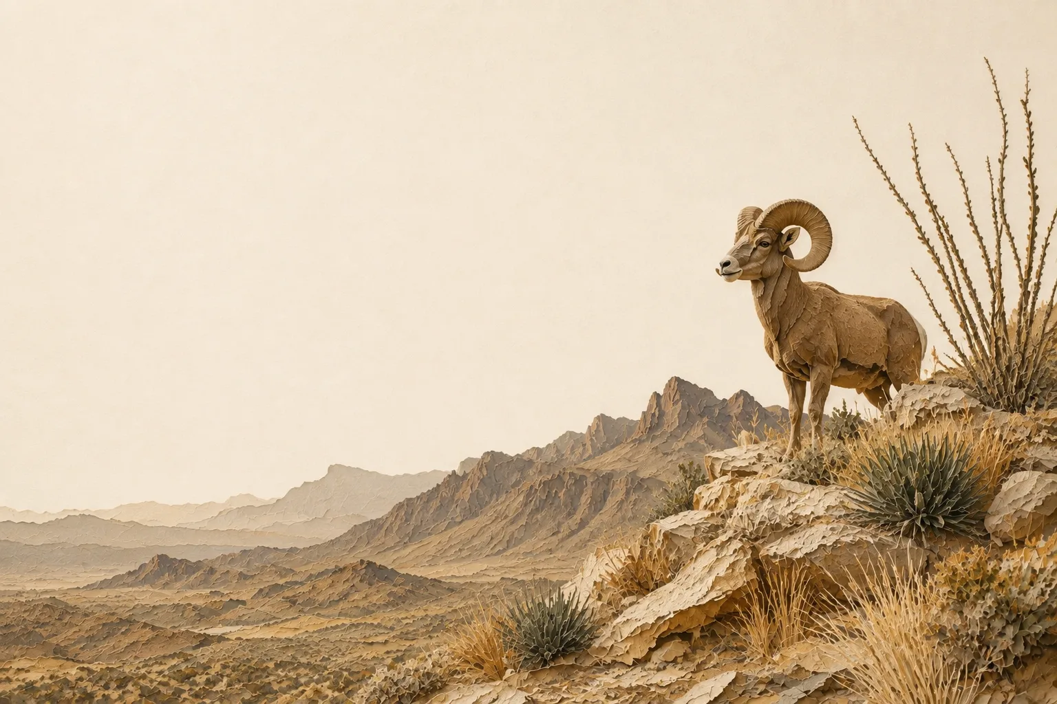 Illustrated Trans-Pecos desert mountains, sparse Chihuahuan vegetation and a desert bighorn sheep.