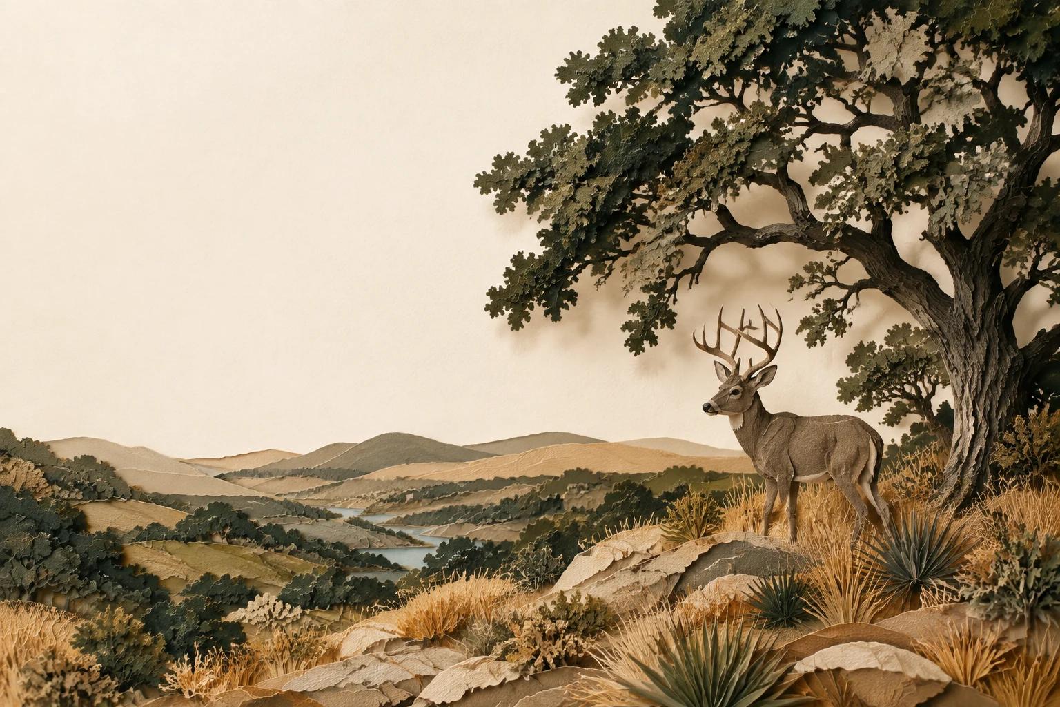 Layered-paper Texas Hill Country landscape with a white-tailed buck beneath a mature live oak.