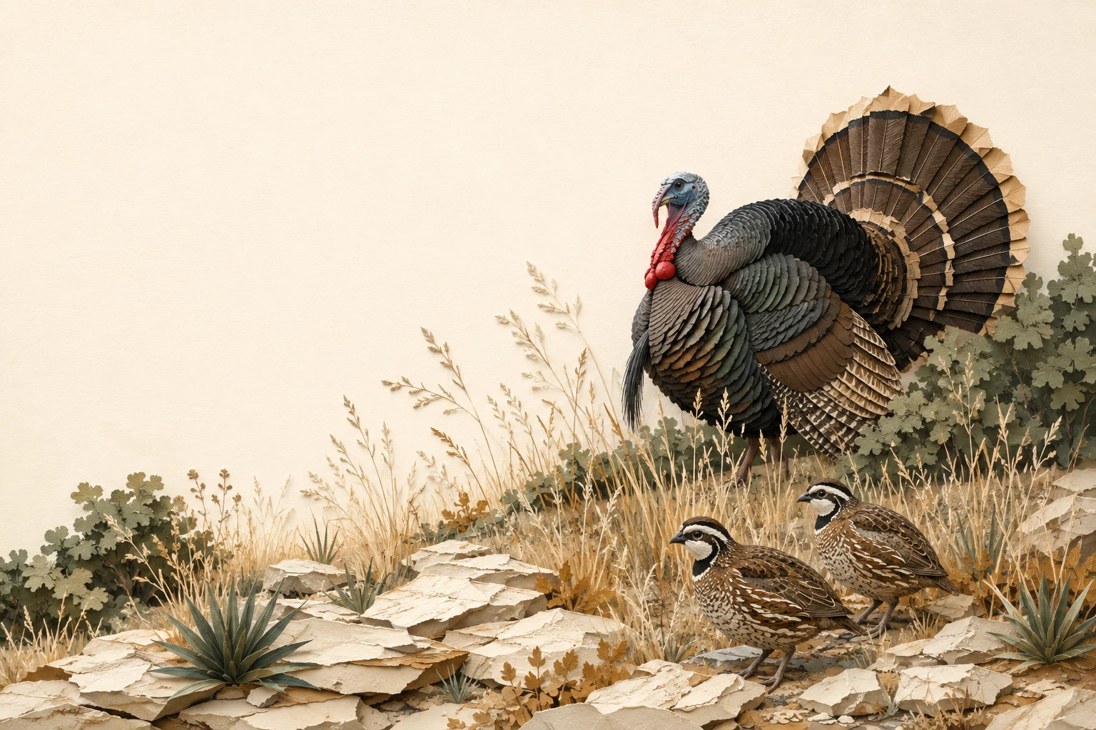 Layered-paper Rio Grande wild turkey and two northern bobwhite quail among native Texas grasses and limestone.