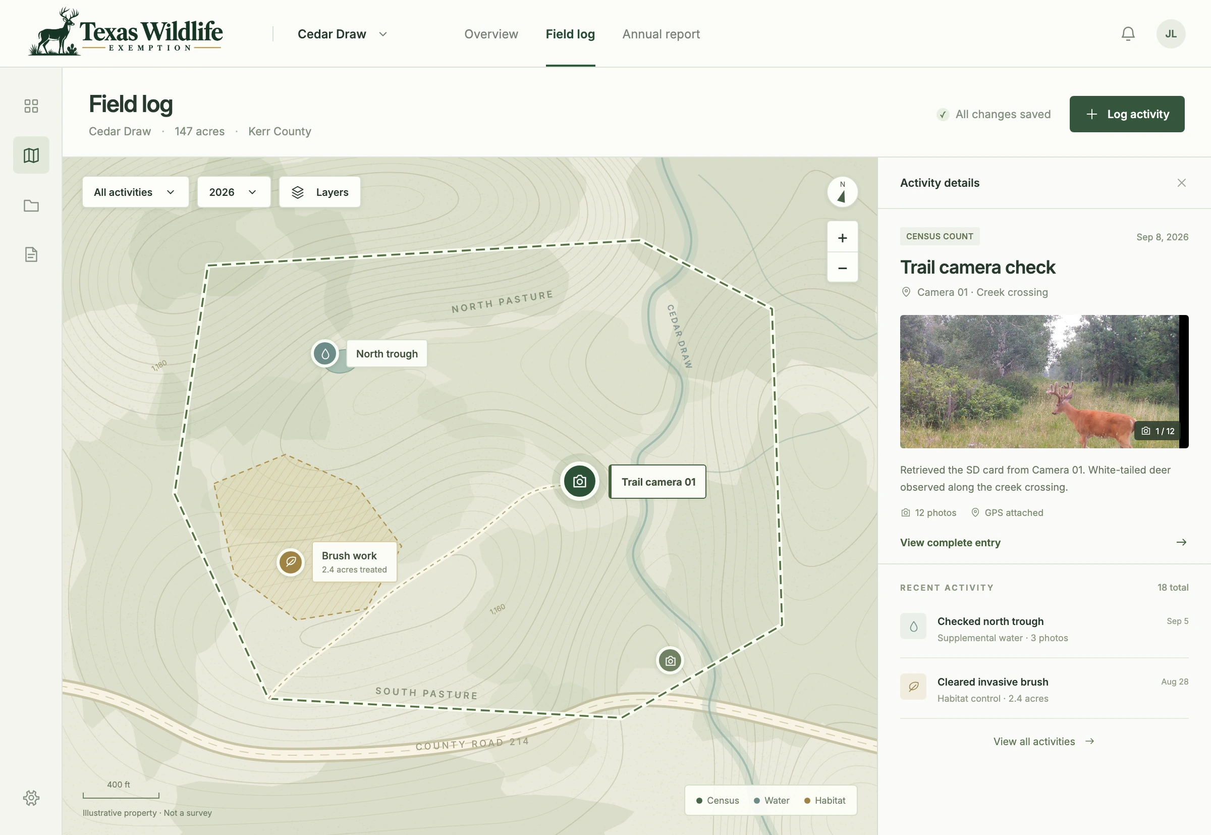 Product preview showing a property map, logged wildlife management activities, and trail-camera evidence.