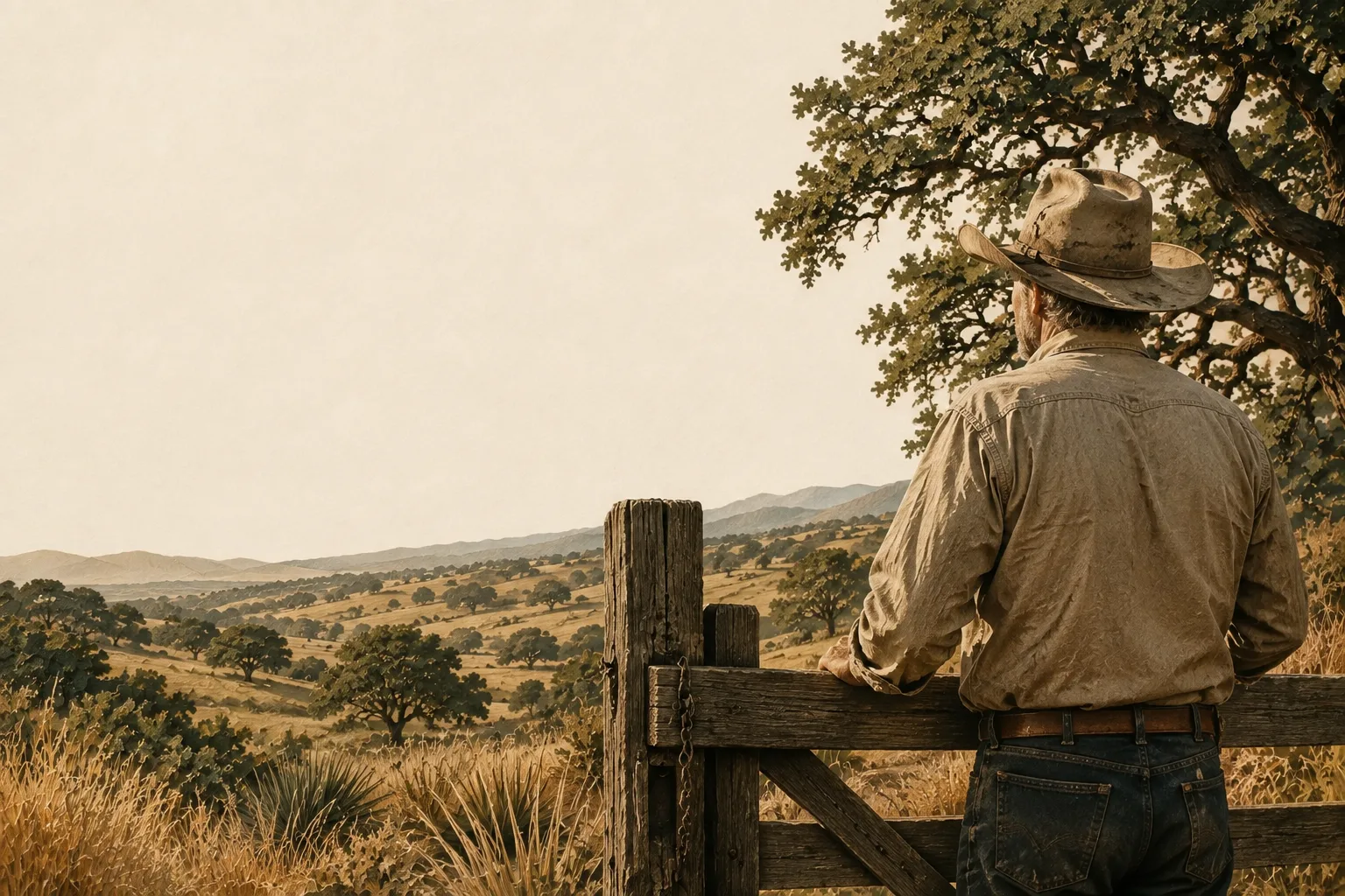 Illustration of a Texas ranch owner looking across native pasture from a wooden gate.