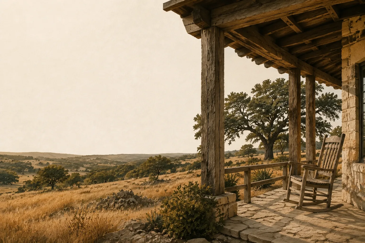 Illustration of a welcoming ranch porch overlooking native pasture.