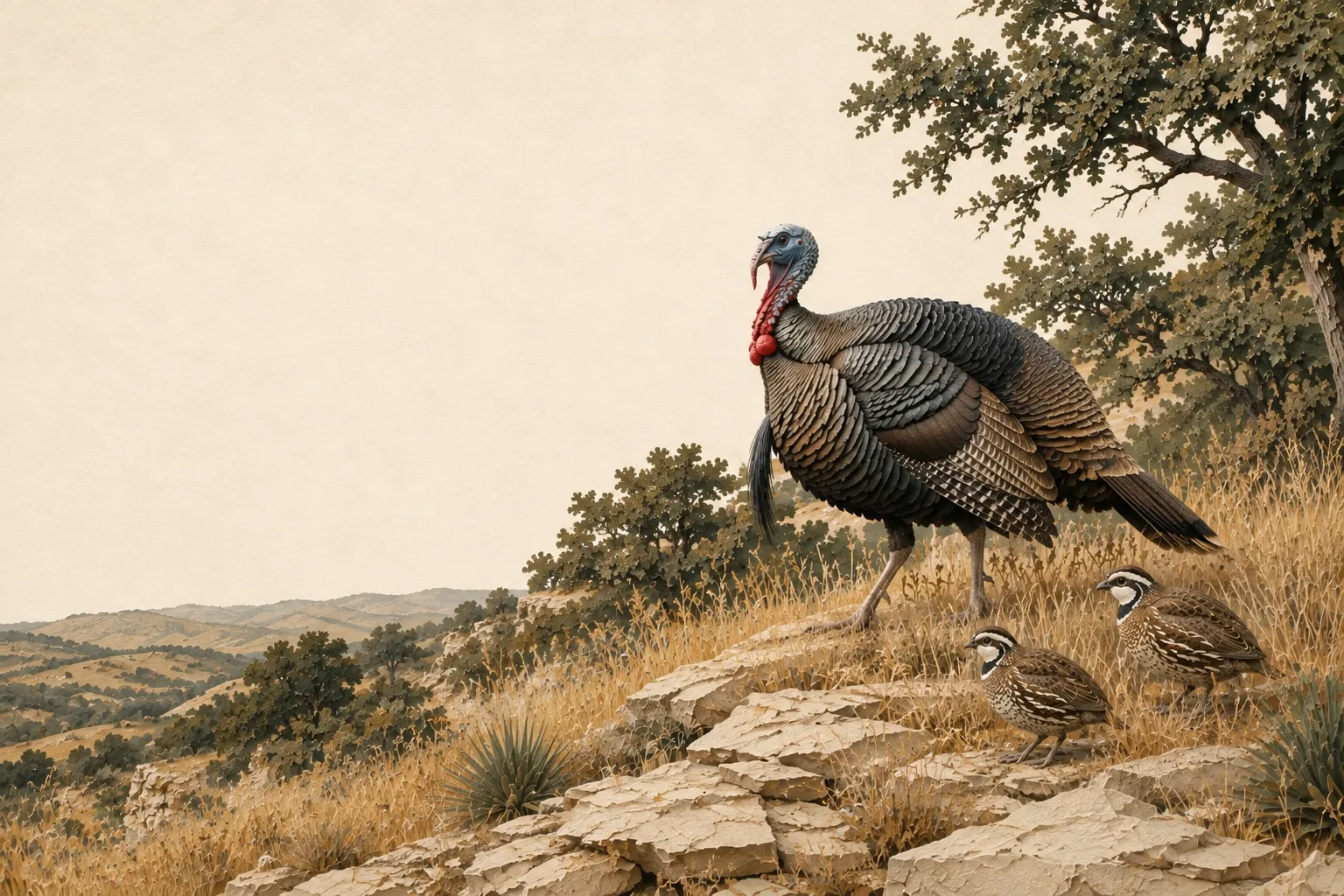 Illustration of a wild turkey and bobwhite quail in native Texas grass and limestone habitat.