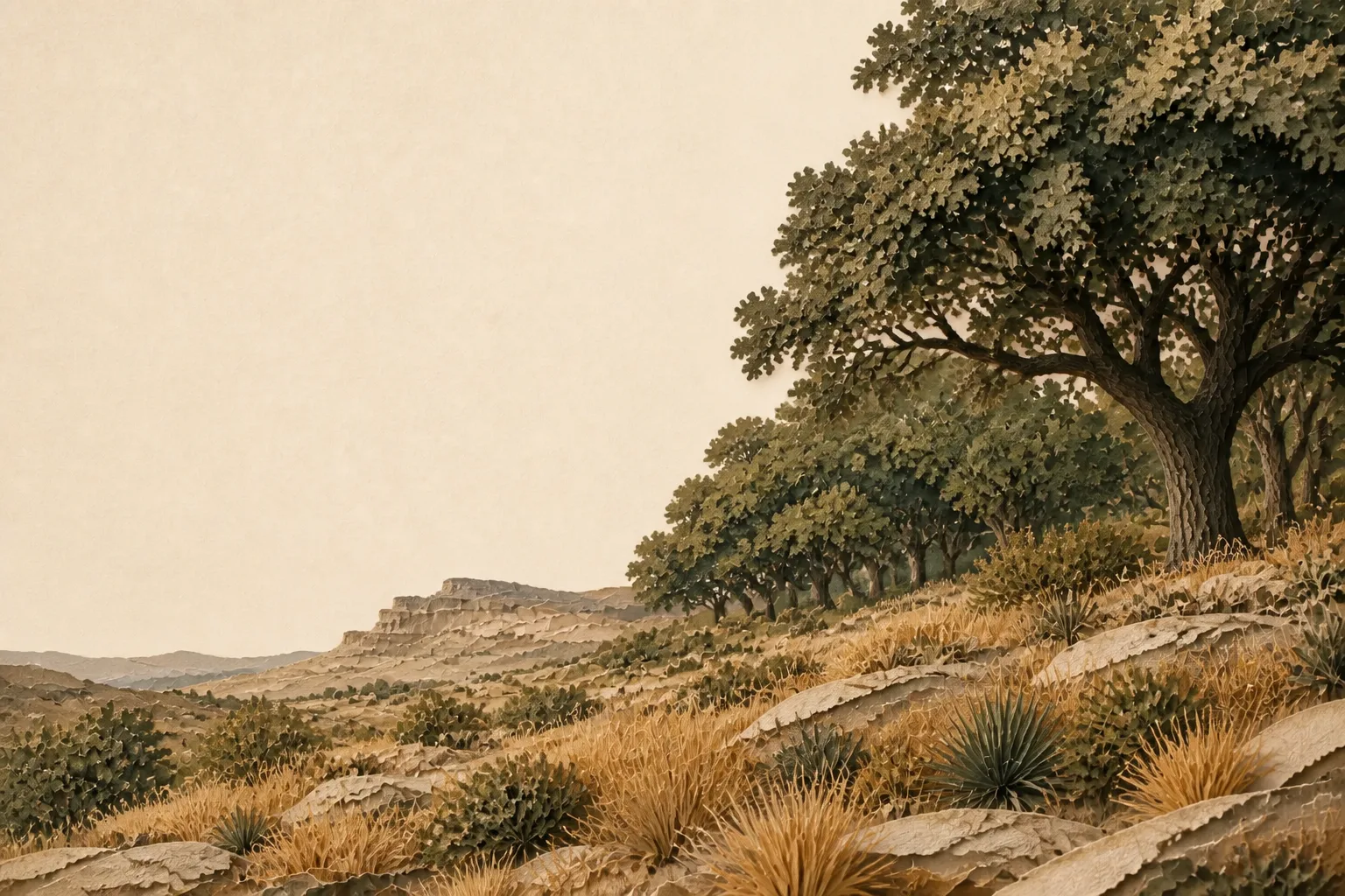 Illustrated Texas landscape of grassland, rocky ridges and oak woodland.