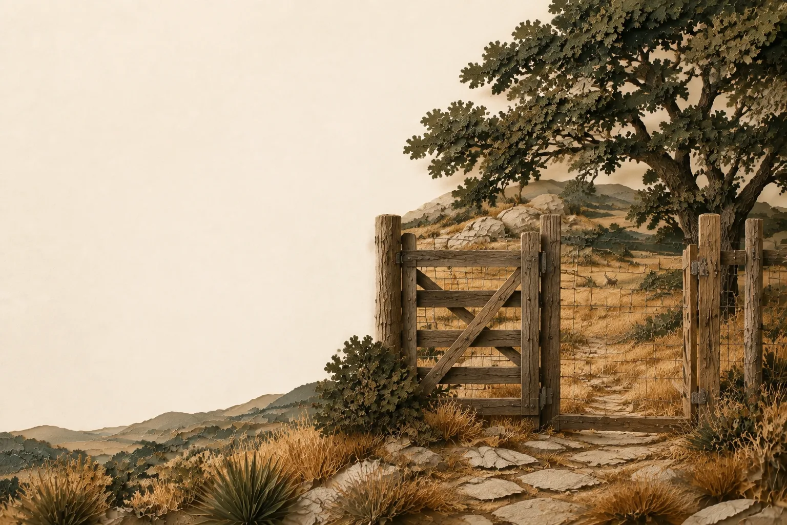 Illustration of an open ranch gate leading into Texas native grassland.