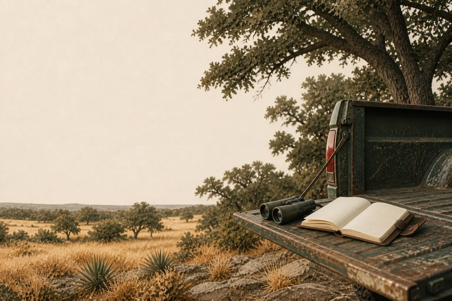 Illustration of a field notebook and binoculars on a ranch pickup tailgate.