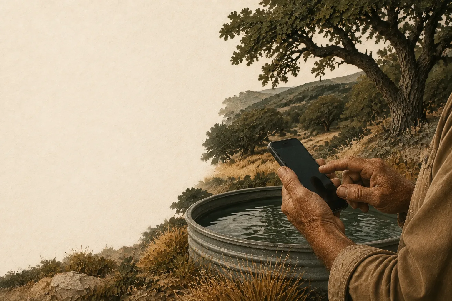 Illustration of a landowner logging field observations beside a wildlife water trough.