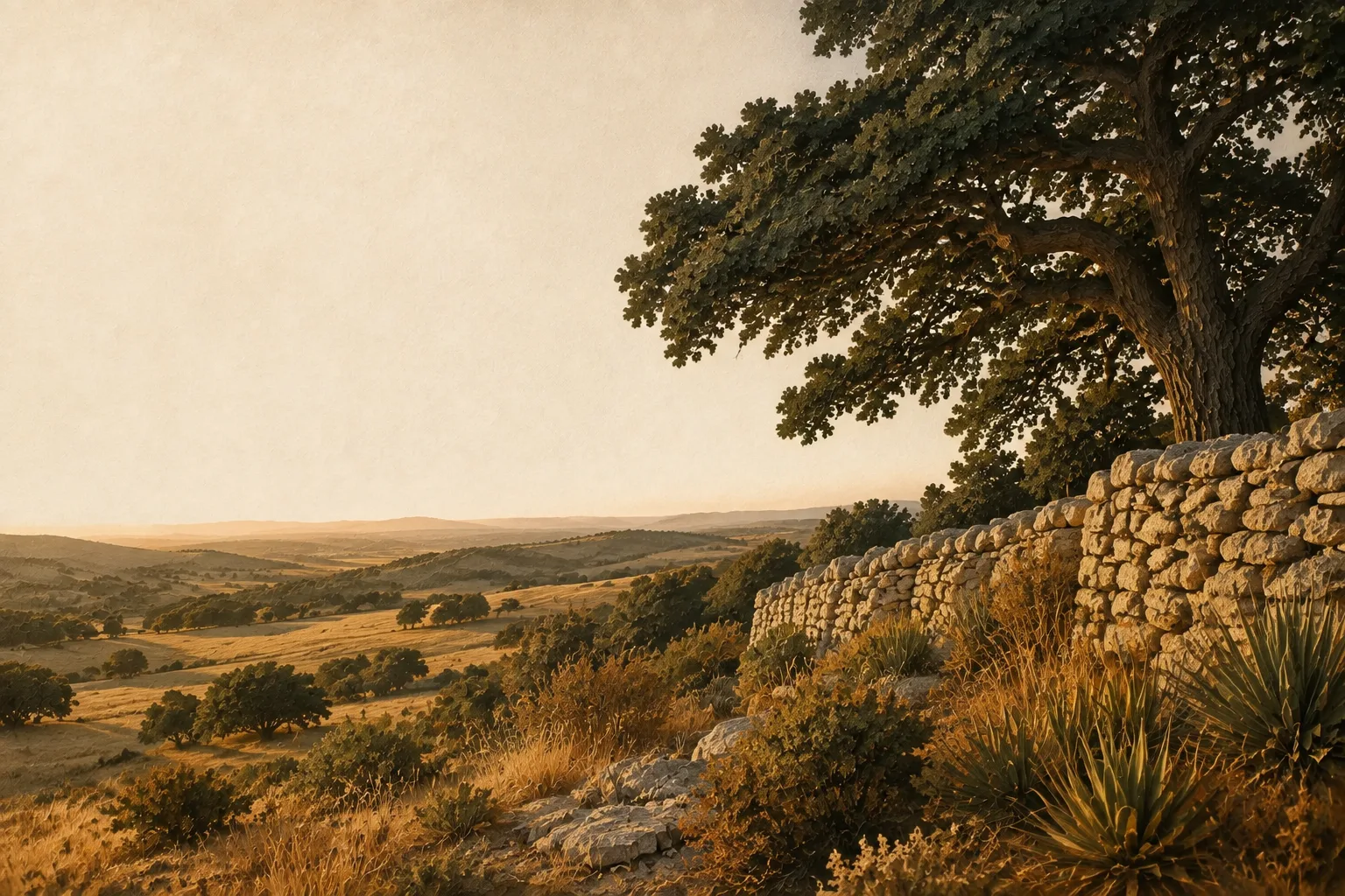 Illustration of a dry stone ranch boundary and native pasture in evening light.