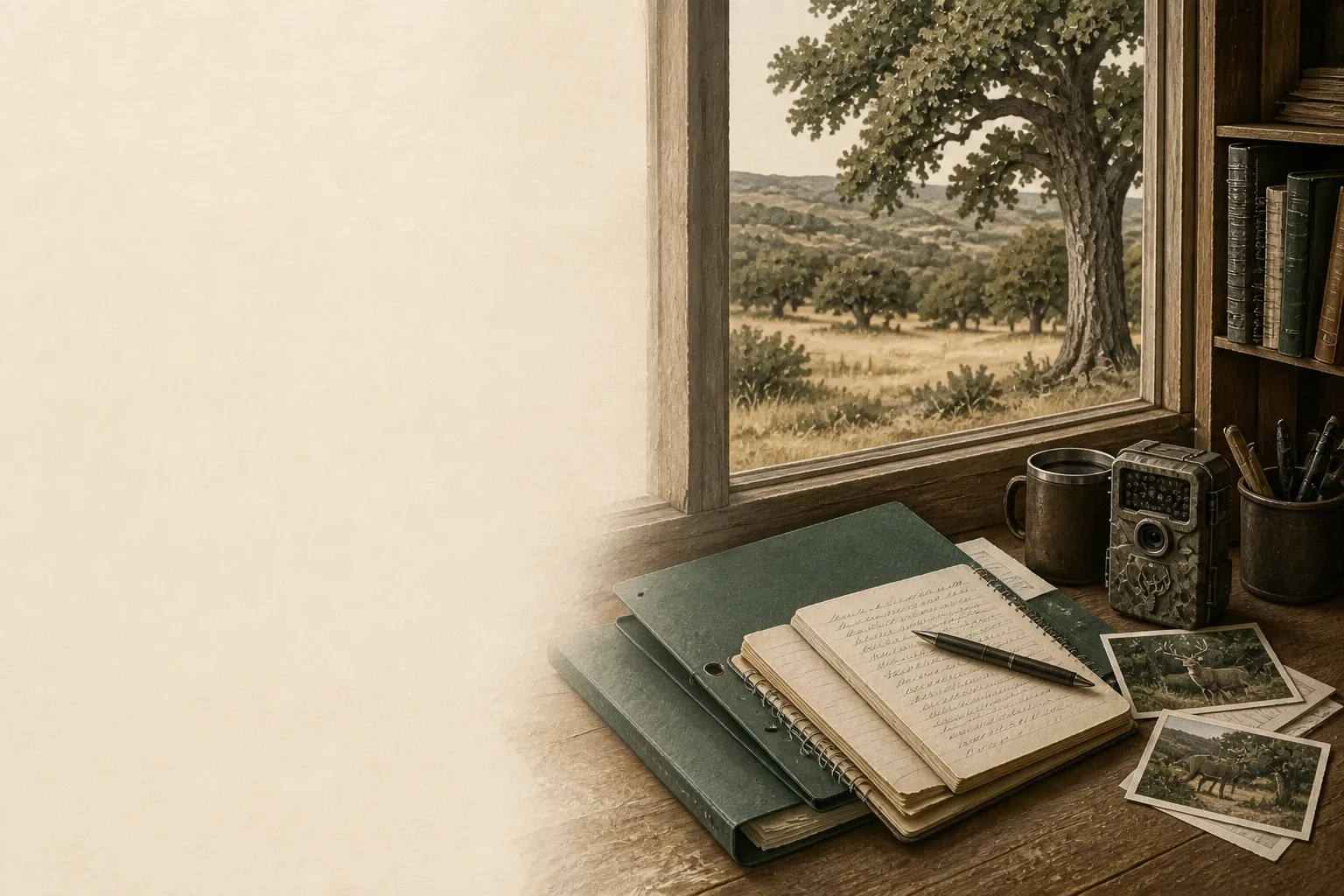 Illustration of a working ranch desk with field notes, organized records and trail-camera photographs.